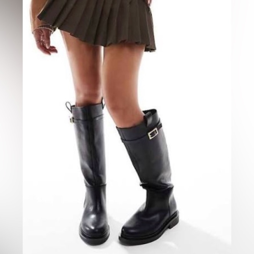 ASOS Black Knee Boots with Gold Buckle Detail